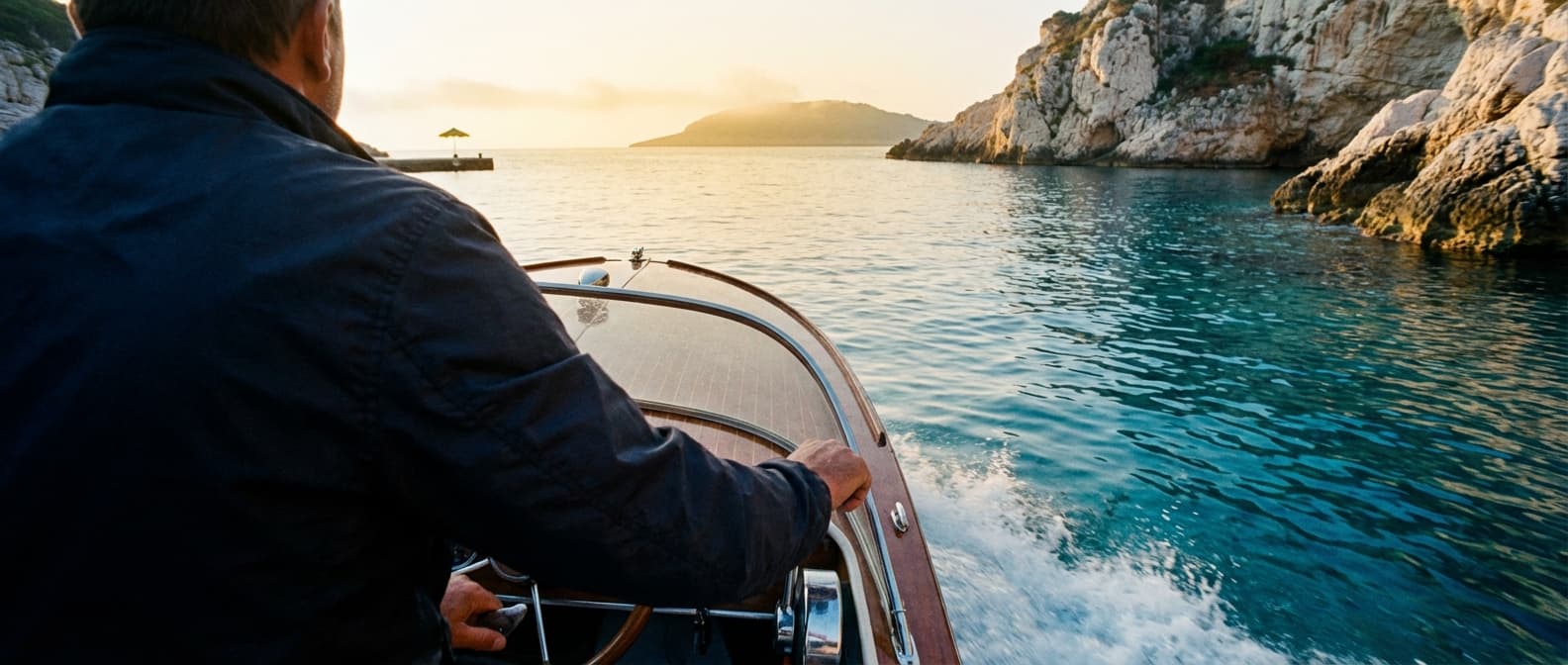 At the helm of a speedboat approaching Comino at sunrise